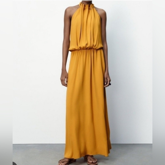 Zara Limited Edition Halter Maxi Dress In Yellow With Pockets Size M. - Picture 3 of 16